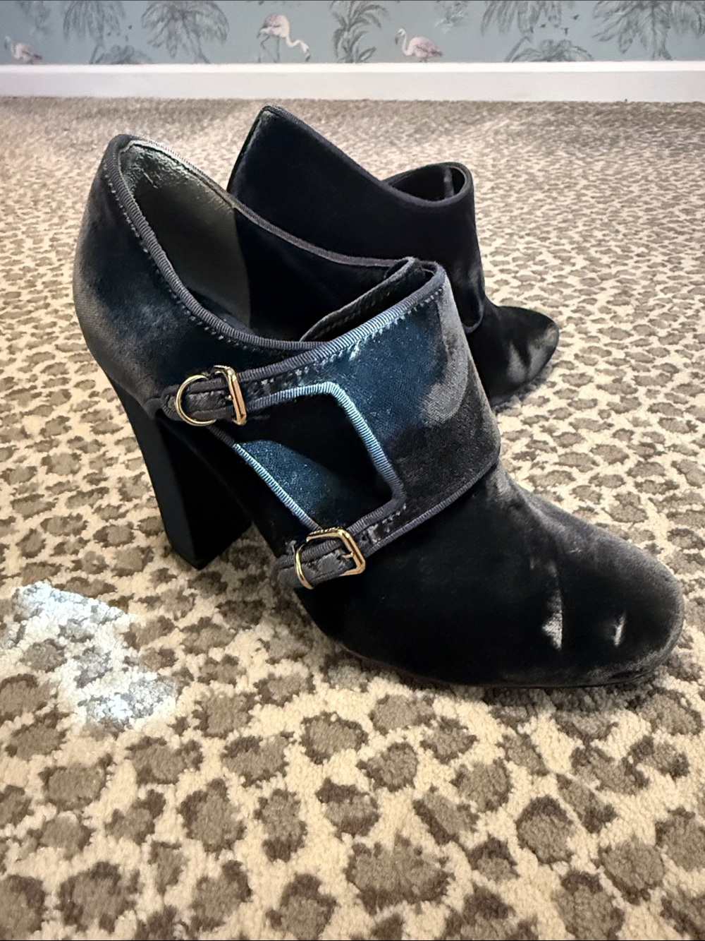 Tory Burch Carly dark blue/gray Velvet Double-Buckle Block Heel Ankle Boots
